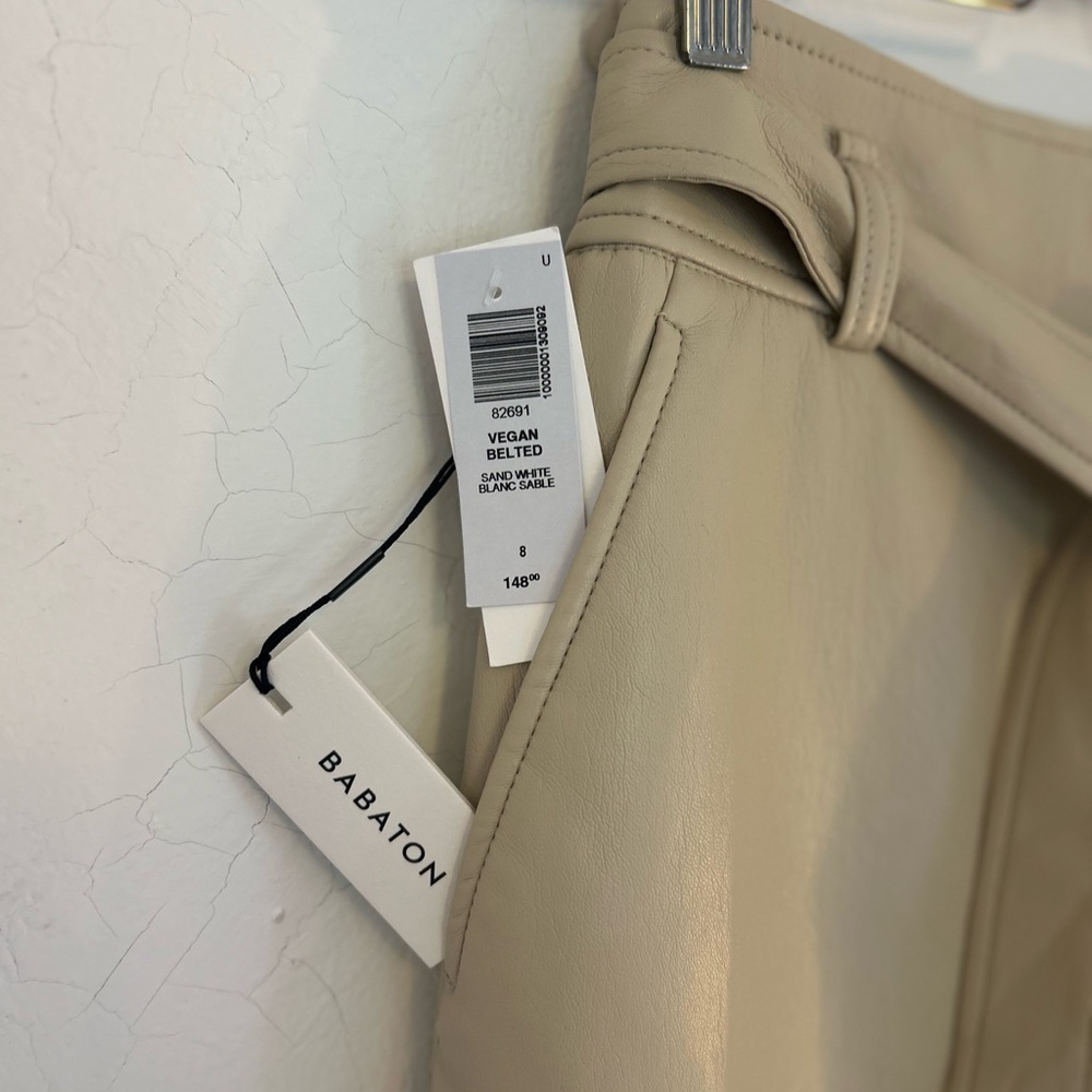🥯 NWT Aritzia Vegan Belted Pant Trouser Sand White Sz 8 - Picture 7 of 11